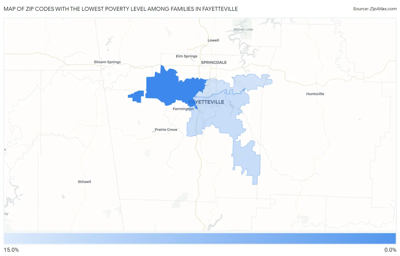 Zip Codes with the Lowest Poverty Level Among Families in Fayetteville Map