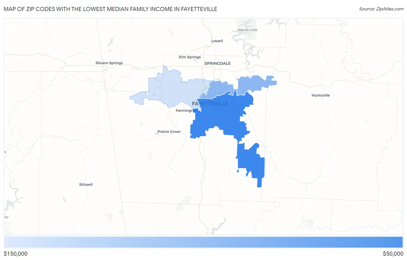 Zip Codes with the Lowest Median Family Income in Fayetteville Map