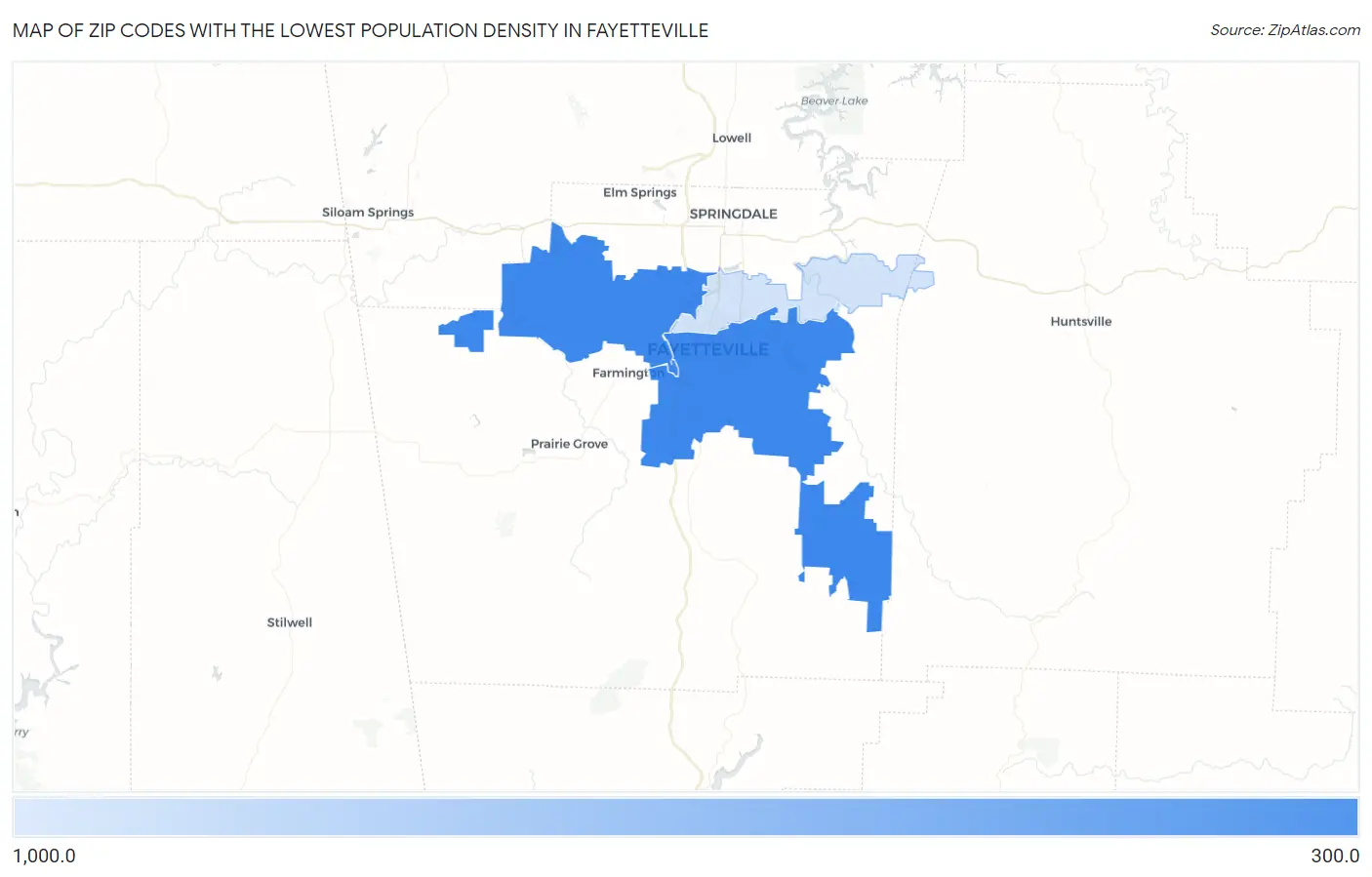 Zip Codes with the Lowest Population Density in Fayetteville Map