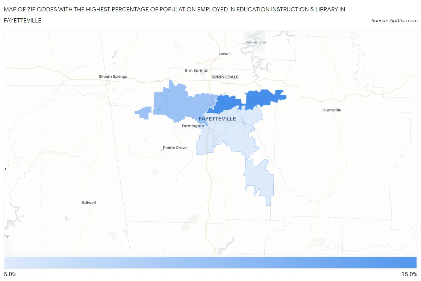 Zip Codes with the Highest Percentage of Population Employed in Education Instruction & Library in Fayetteville Map