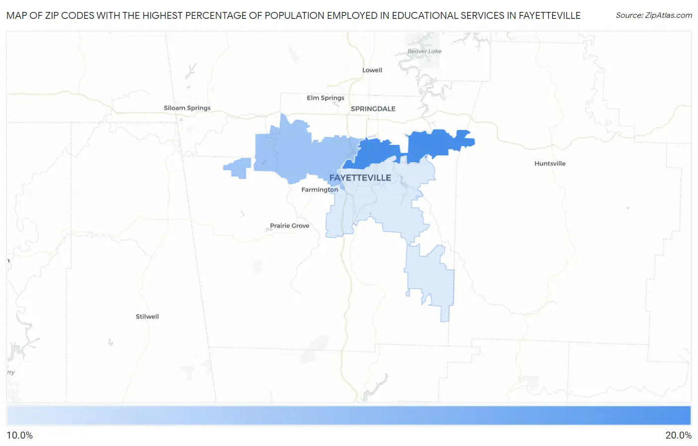 Zip Codes with the Highest Percentage of Population Employed in Educational Services in Fayetteville Map