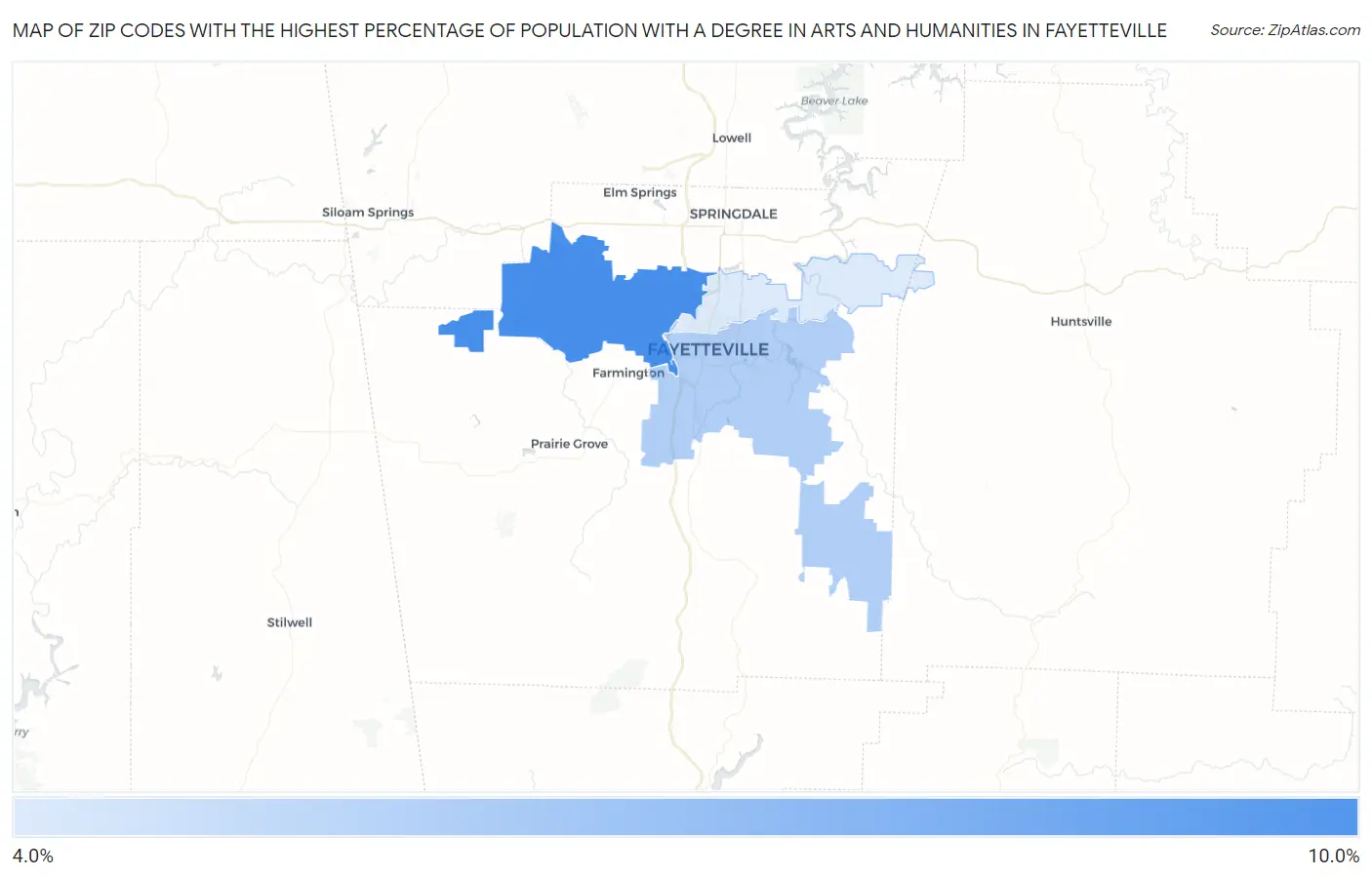 Zip Codes with the Highest Percentage of Population with a Degree in Arts and Humanities in Fayetteville Map