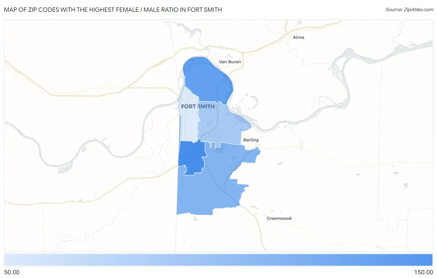 Zip Codes with the Highest Female / Male Ratio in Fort Smith Map