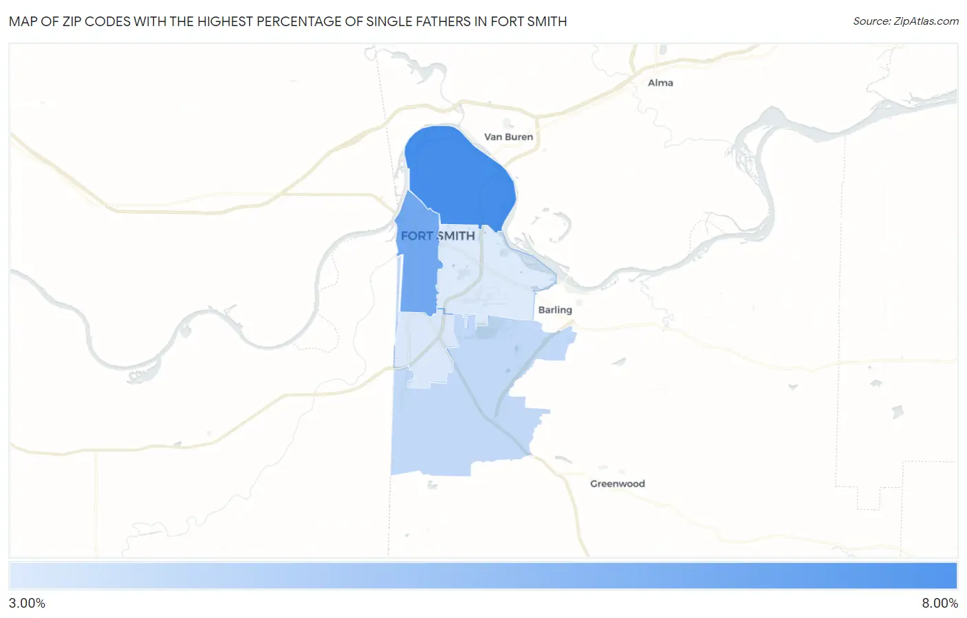 Zip Codes with the Highest Percentage of Single Fathers in Fort Smith Map