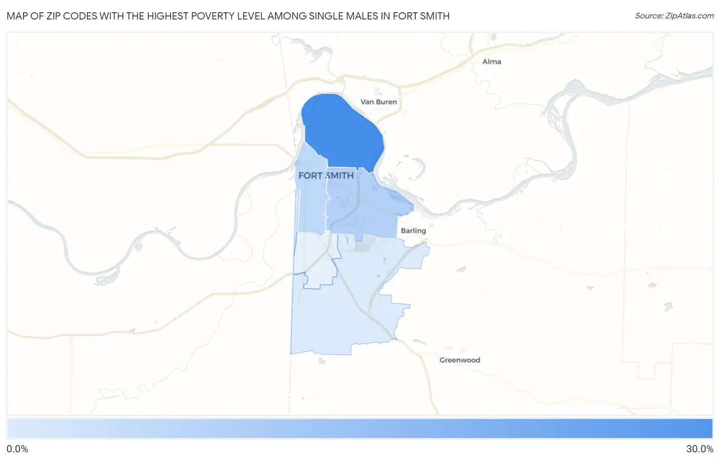 Zip Codes with the Highest Poverty Level Among Single Males in Fort Smith Map