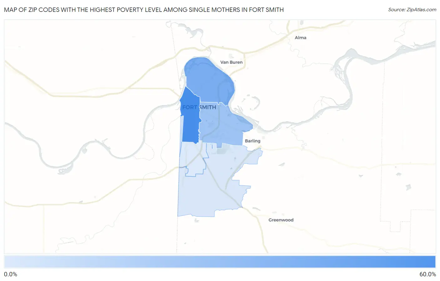 Zip Codes with the Highest Poverty Level Among Single Mothers in Fort Smith Map