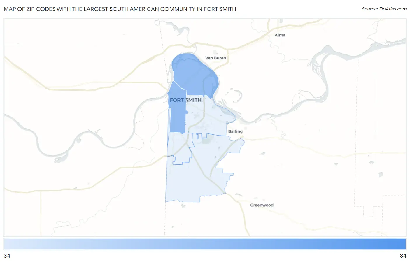 Zip Codes with the Largest South American Community in Fort Smith Map
