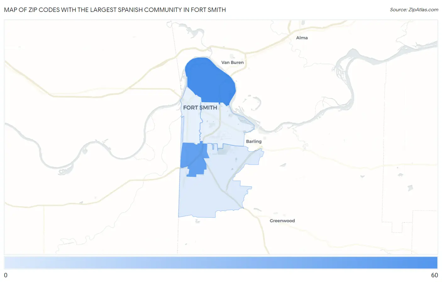 Zip Codes with the Largest Spanish Community in Fort Smith Map