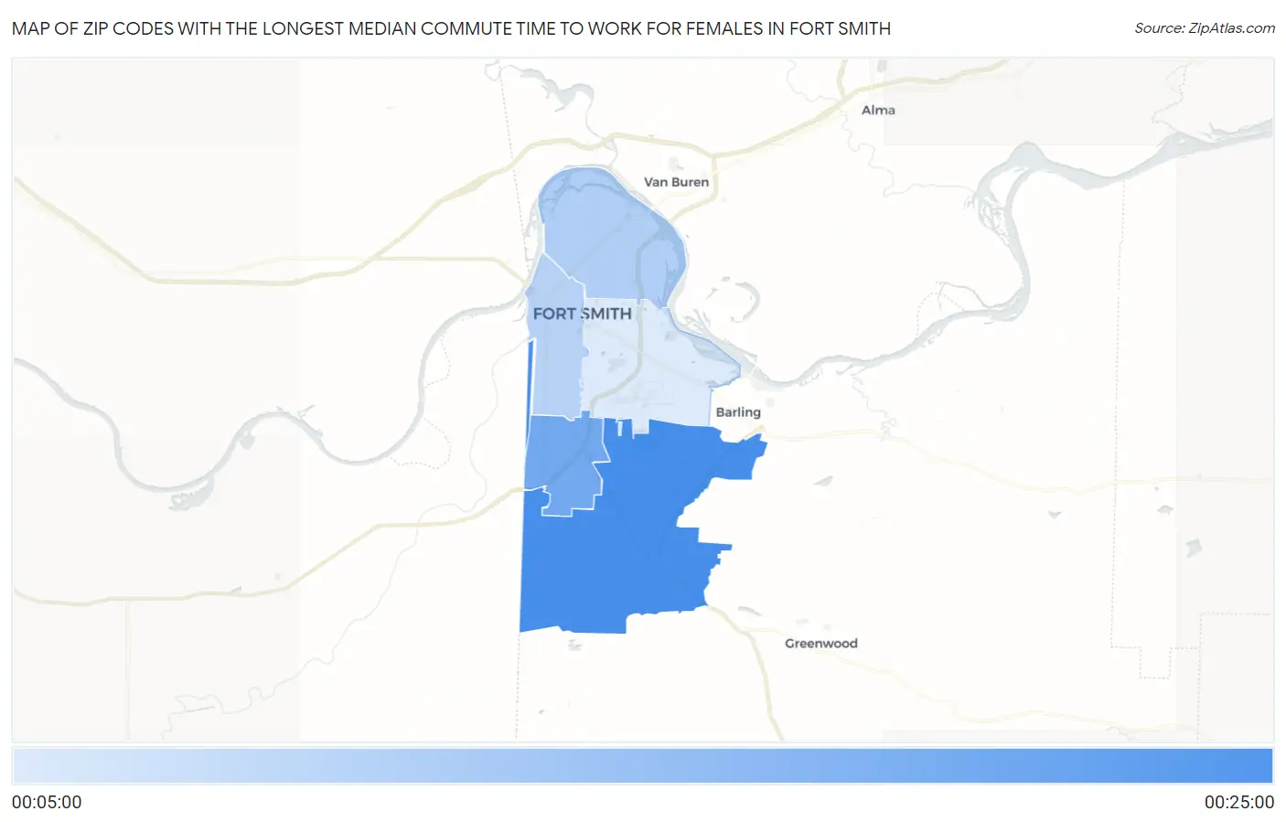 Zip Codes with the Longest Median Commute Time to Work for Females in Fort Smith Map