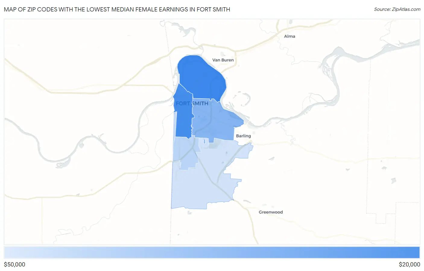 Zip Codes with the Lowest Median Female Earnings in Fort Smith Map