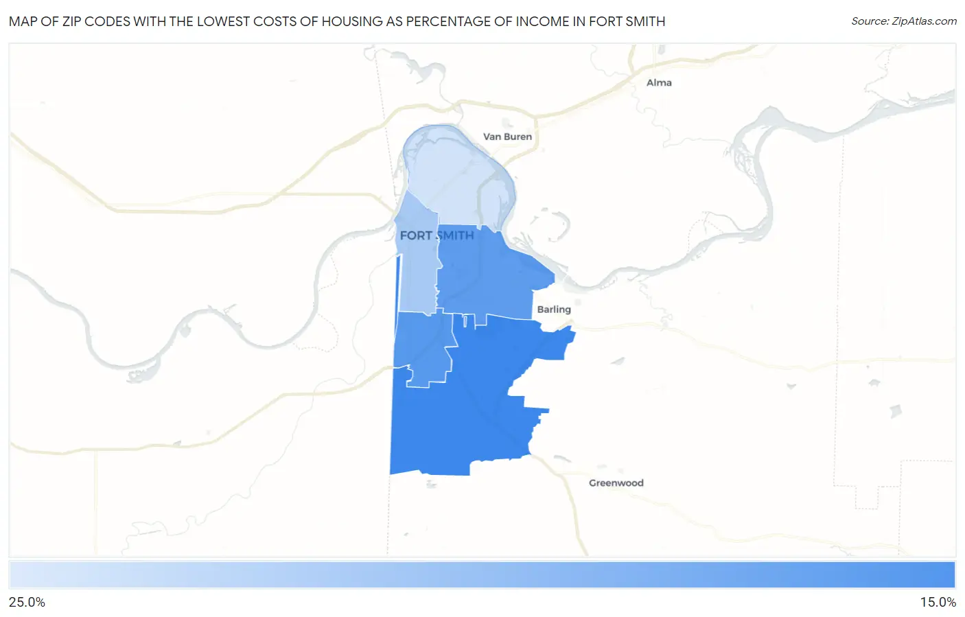 Zip Codes with the Lowest Costs of Housing as Percentage of Income in Fort Smith Map