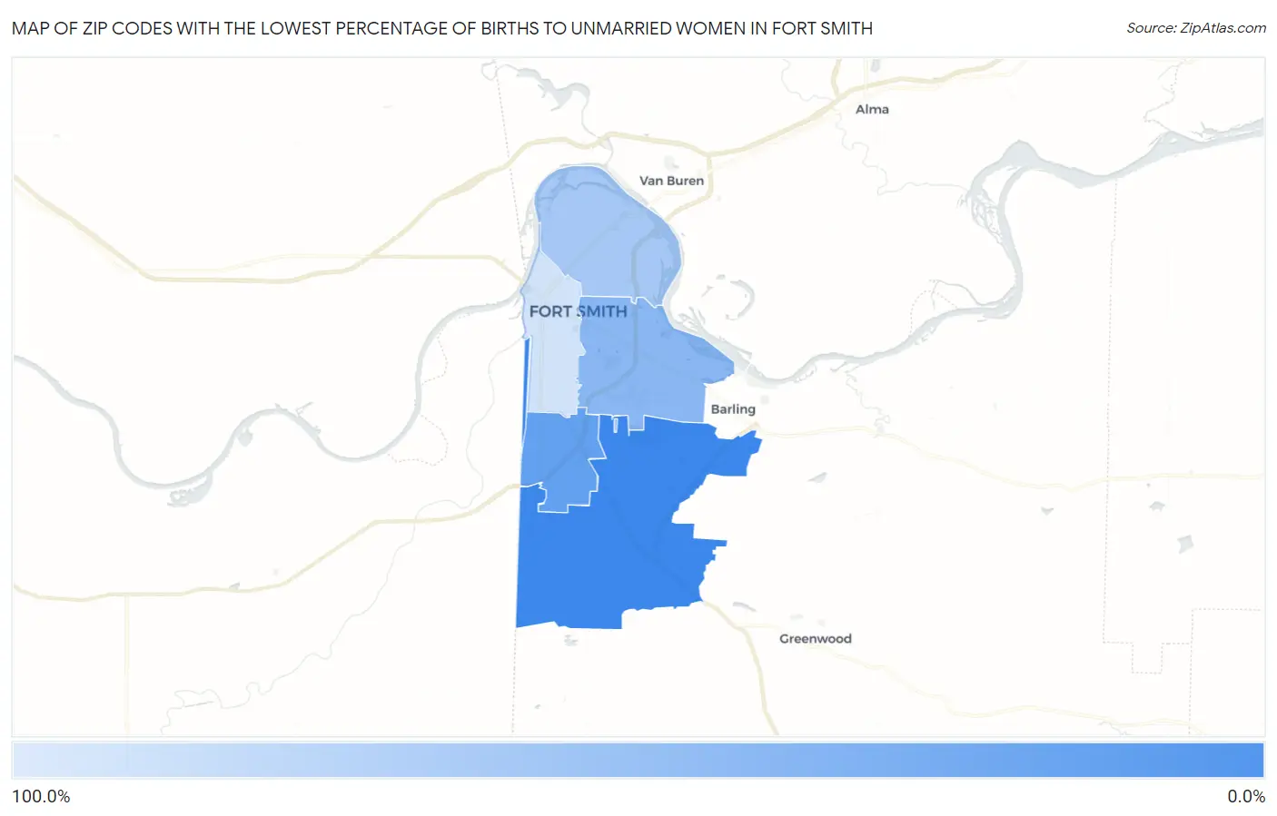 Zip Codes with the Lowest Percentage of Births to Unmarried Women in Fort Smith Map