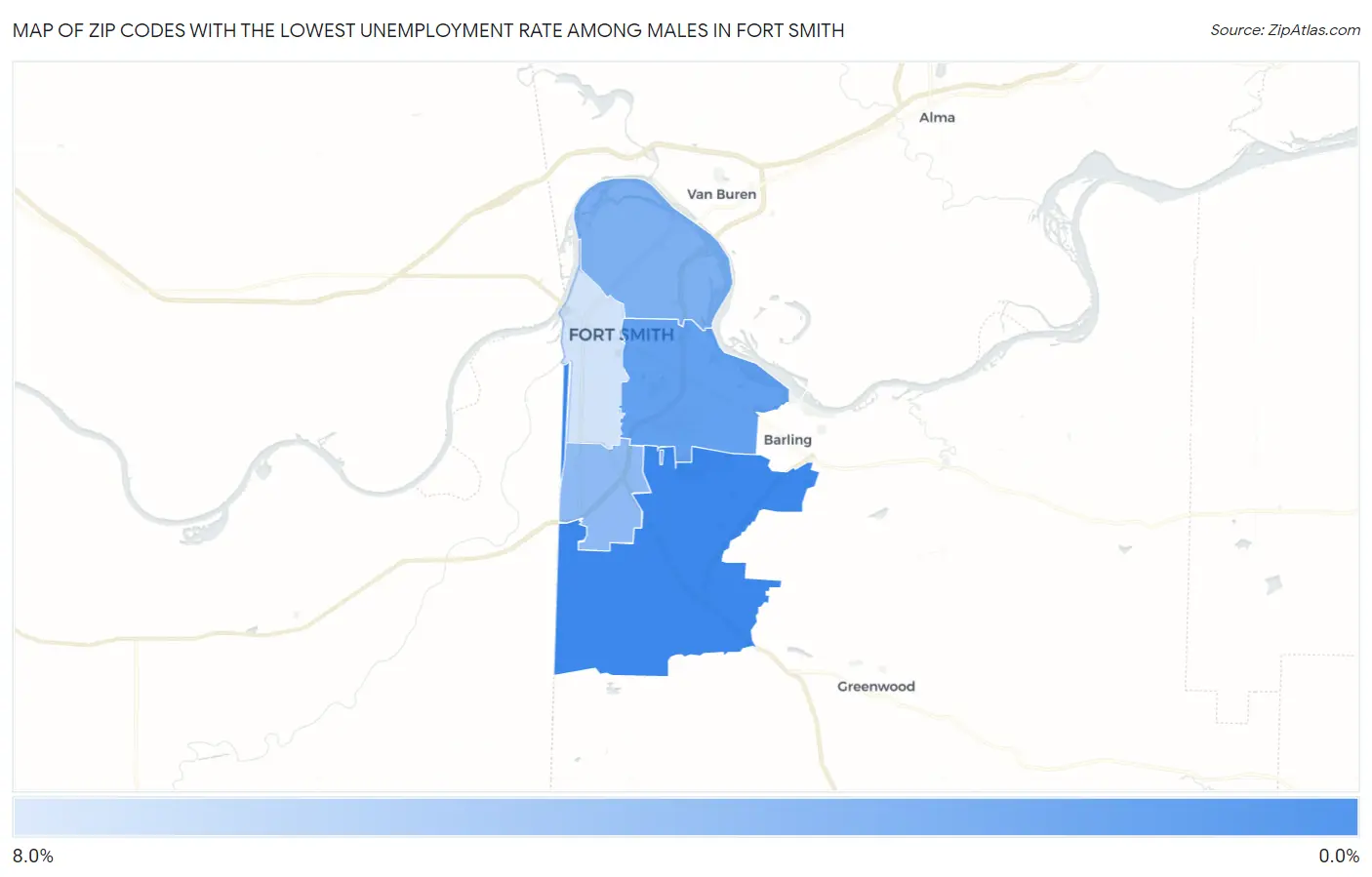Zip Codes with the Lowest Unemployment Rate Among Males in Fort Smith Map