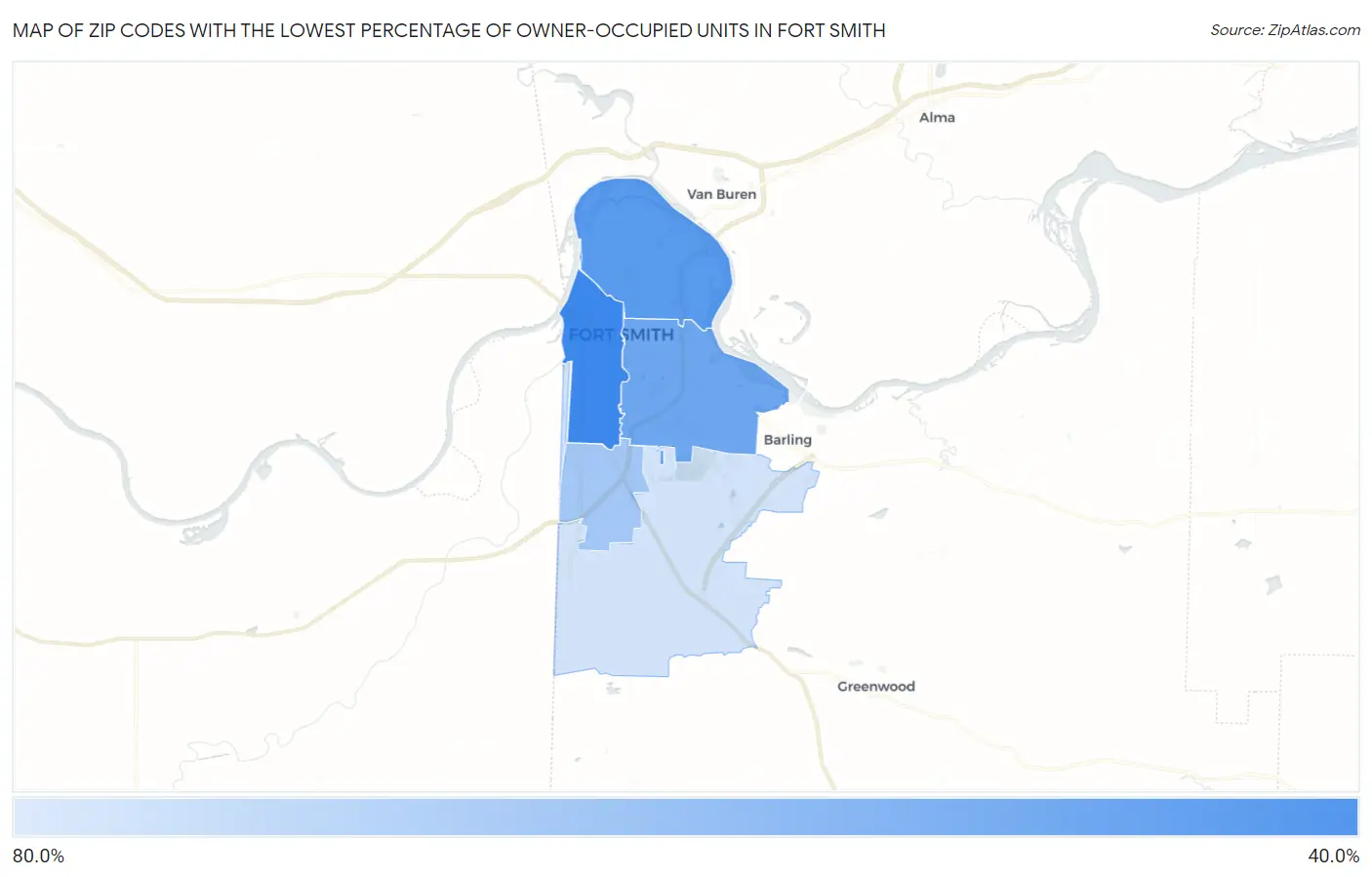 Zip Codes with the Lowest Percentage of Owner-Occupied Units in Fort Smith Map