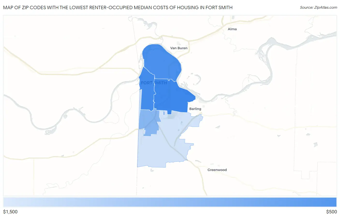 Zip Codes with the Lowest Renter-Occupied Median Costs of Housing in Fort Smith Map