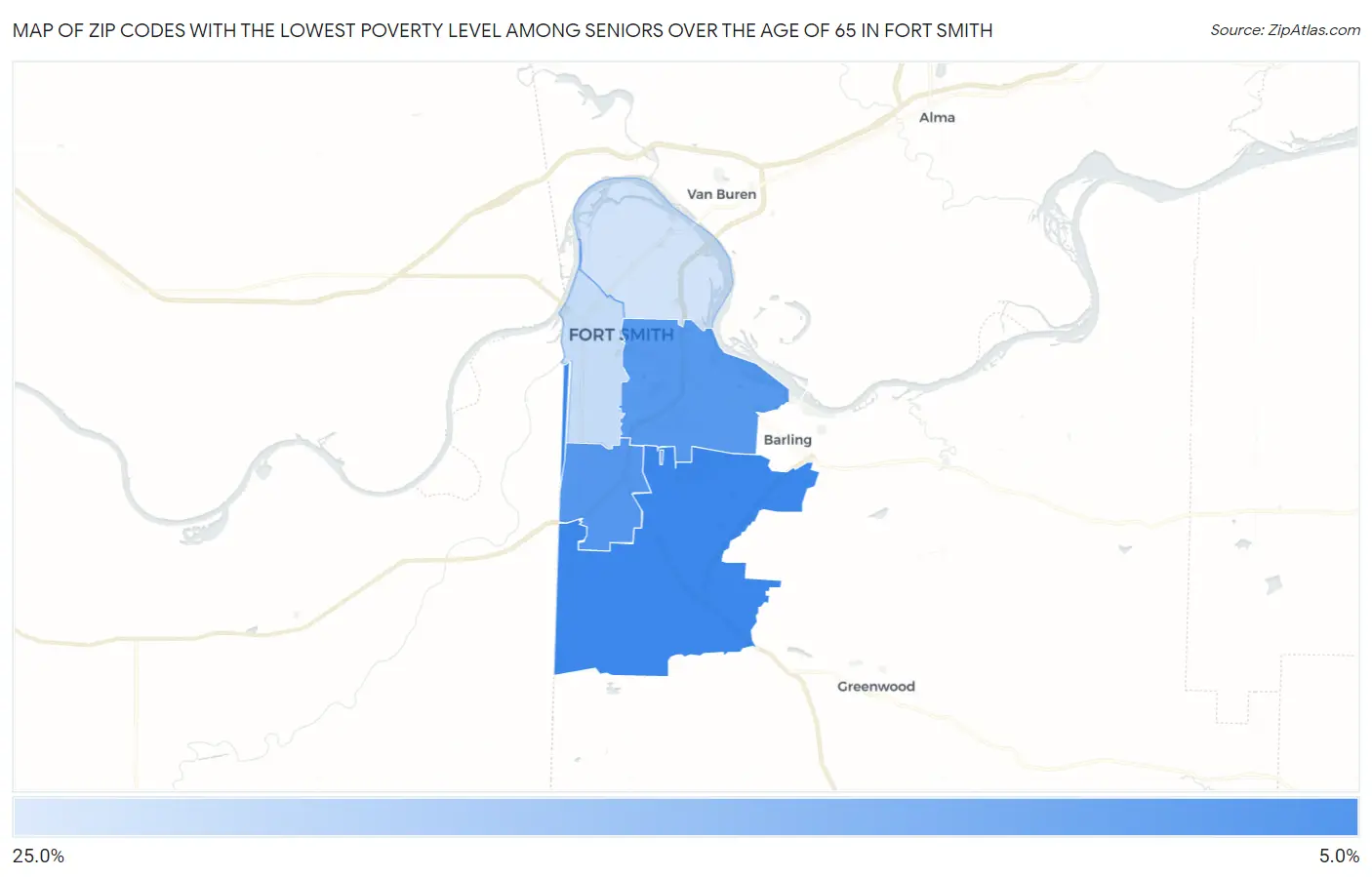 Zip Codes with the Lowest Poverty Level Among Seniors Over the Age of 65 in Fort Smith Map