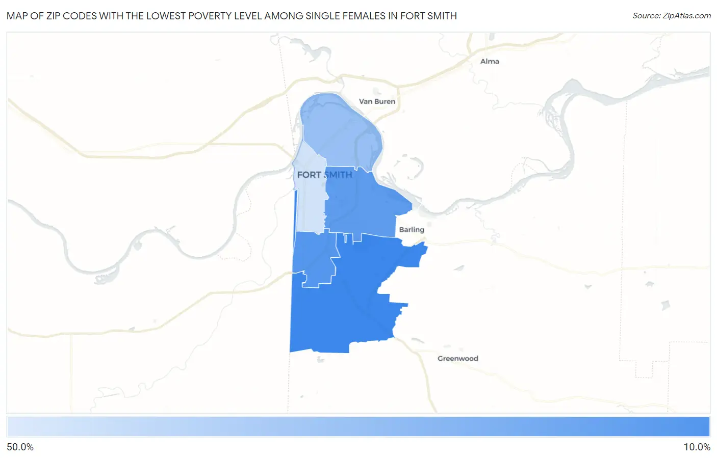 Zip Codes with the Lowest Poverty Level Among Single Females in Fort Smith Map