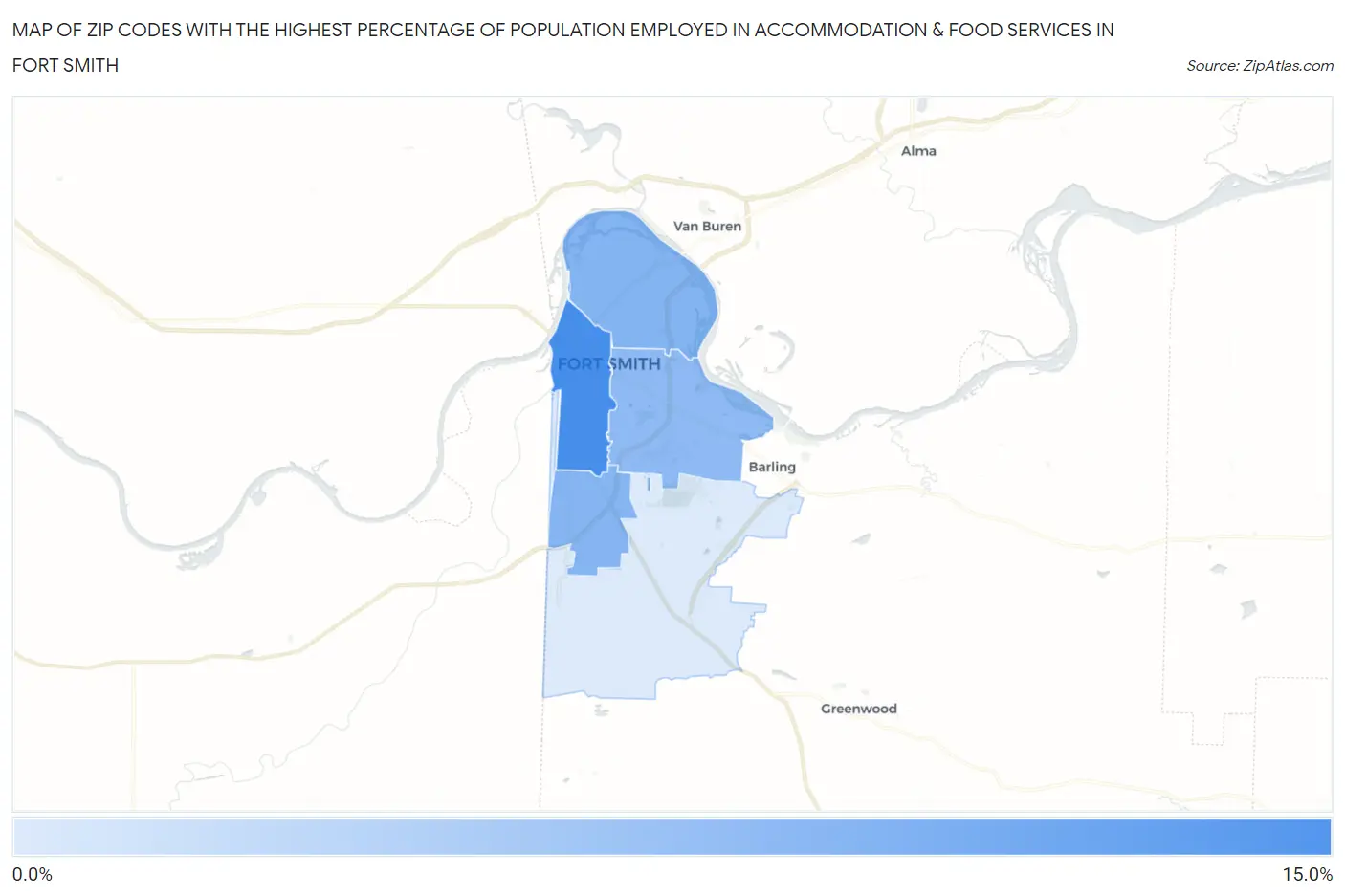 Zip Codes with the Highest Percentage of Population Employed in Accommodation & Food Services in Fort Smith Map