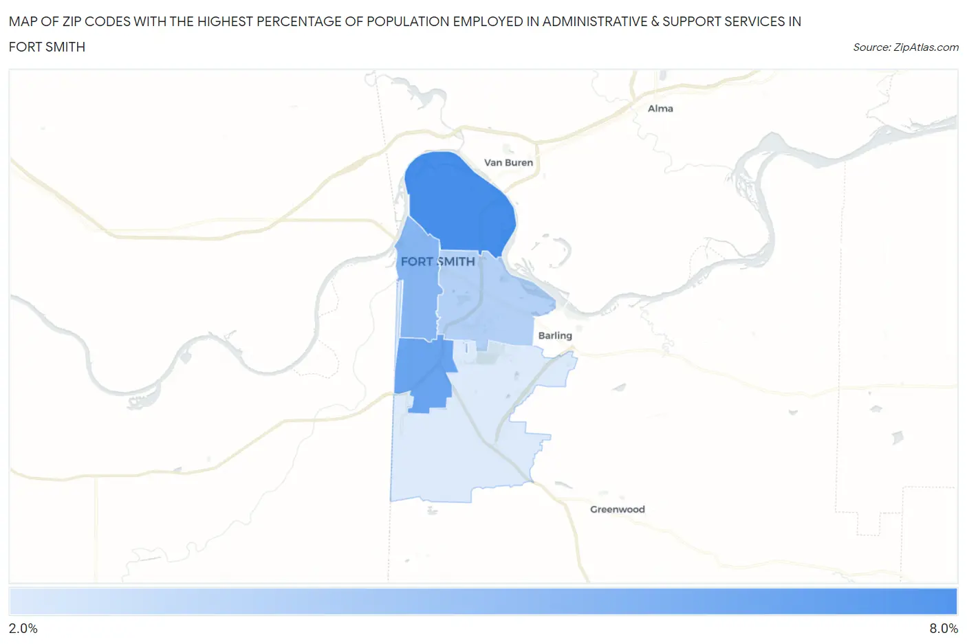 Zip Codes with the Highest Percentage of Population Employed in Administrative & Support Services in Fort Smith Map