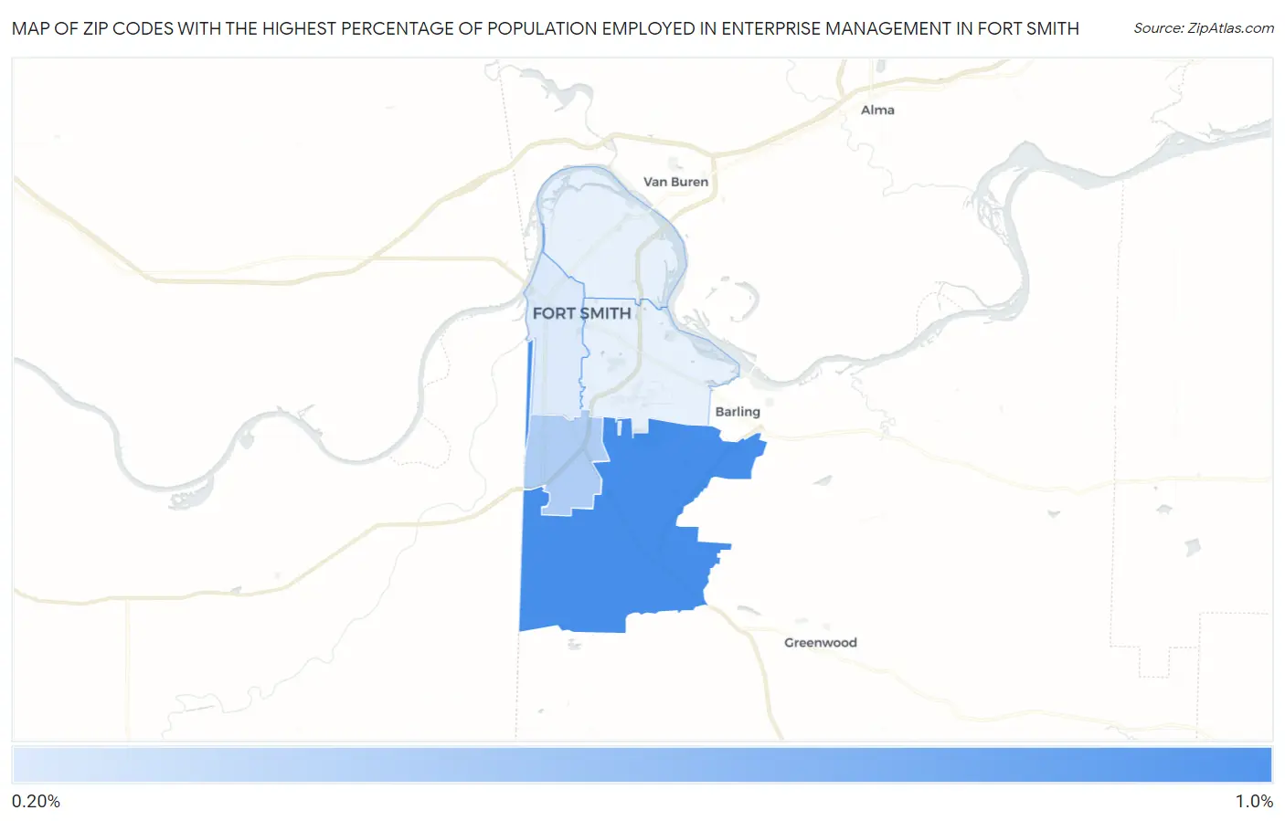 Zip Codes with the Highest Percentage of Population Employed in Enterprise Management in Fort Smith Map
