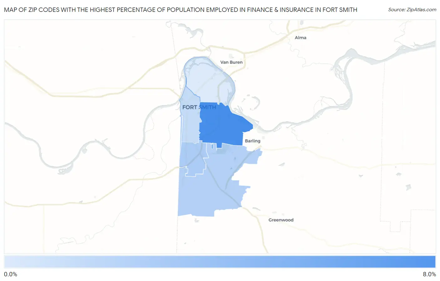 Zip Codes with the Highest Percentage of Population Employed in Finance & Insurance in Fort Smith Map