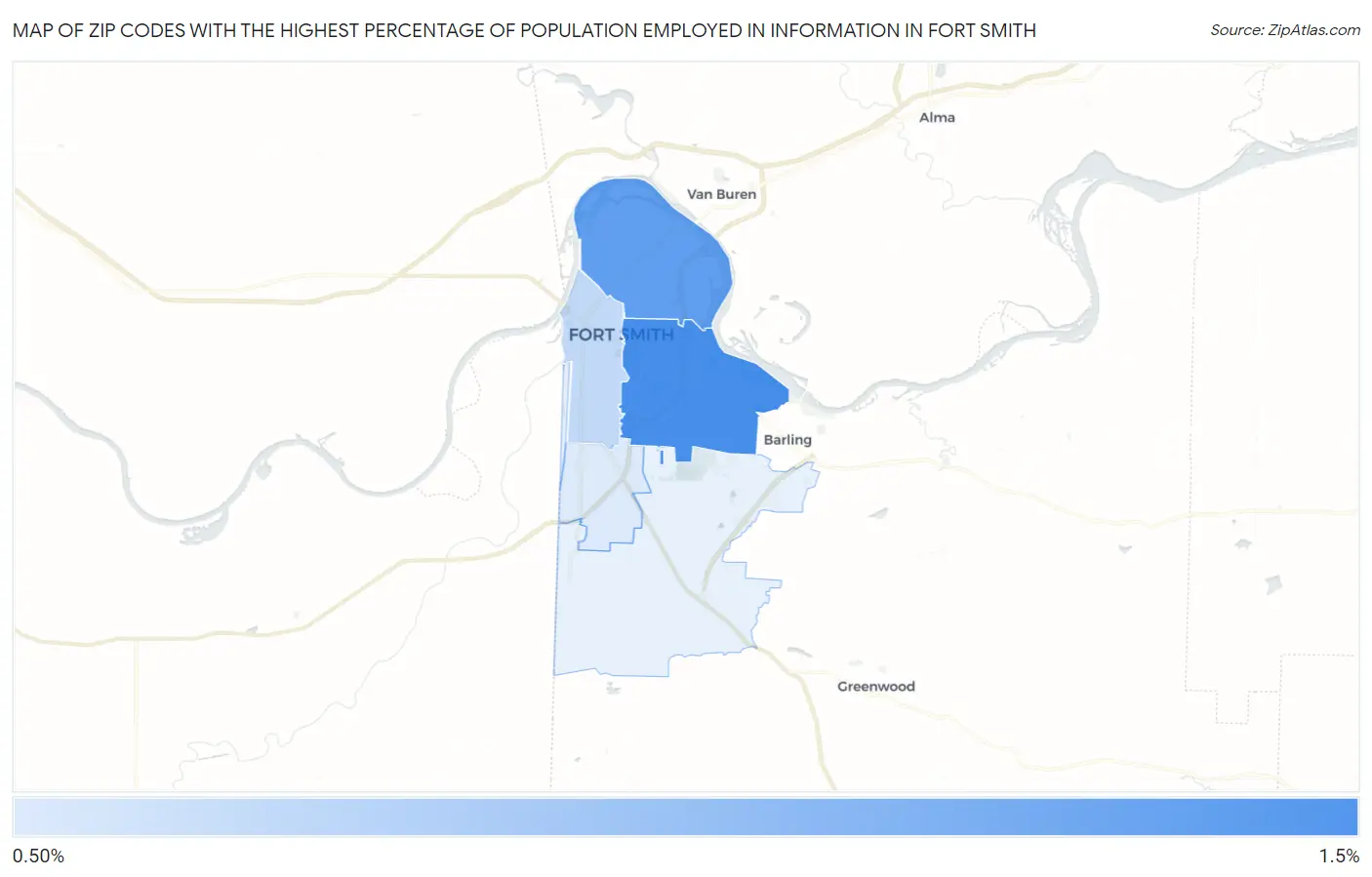 Zip Codes with the Highest Percentage of Population Employed in Information in Fort Smith Map
