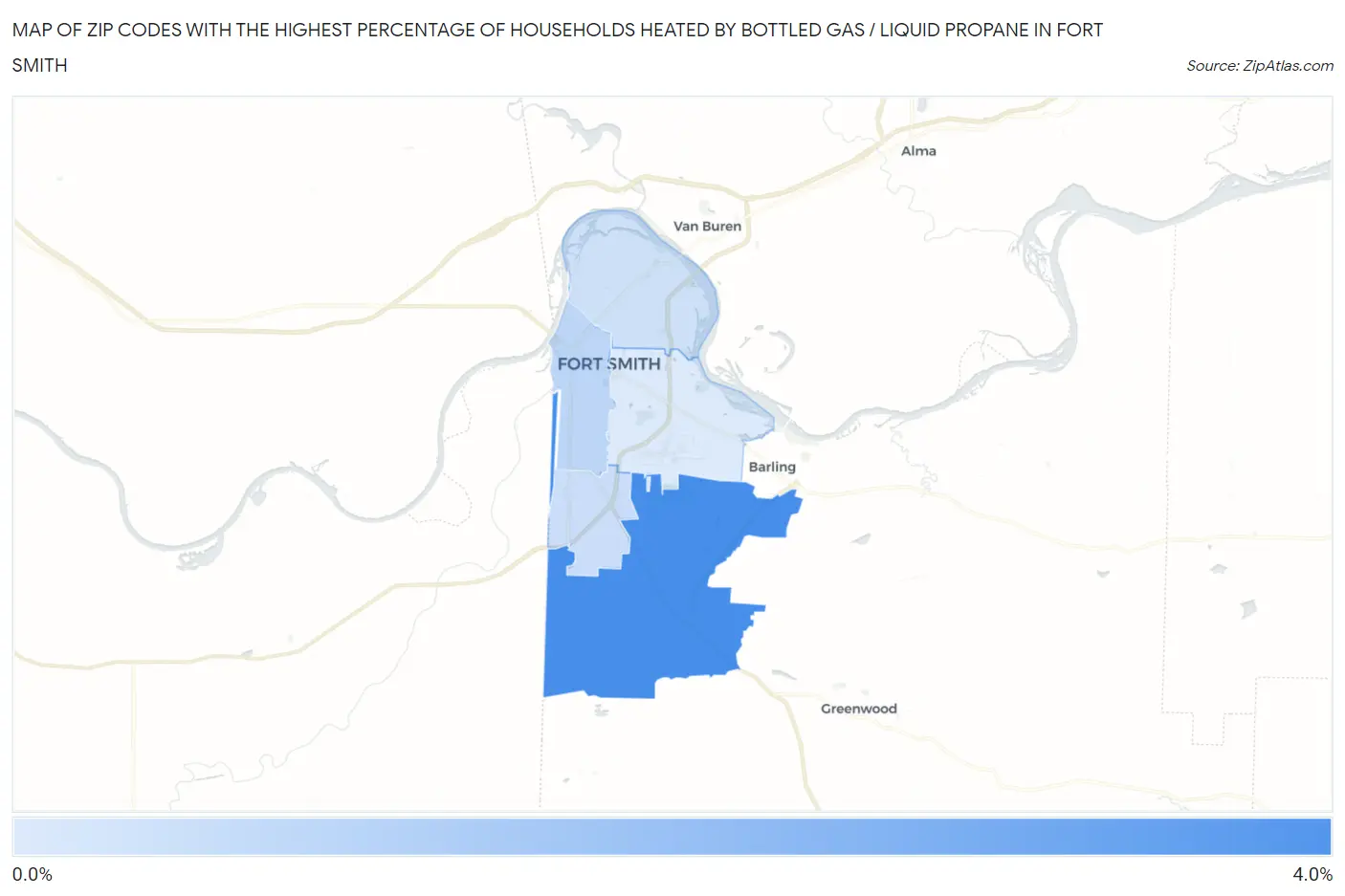Zip Codes with the Highest Percentage of Households Heated by Bottled Gas / Liquid Propane in Fort Smith Map