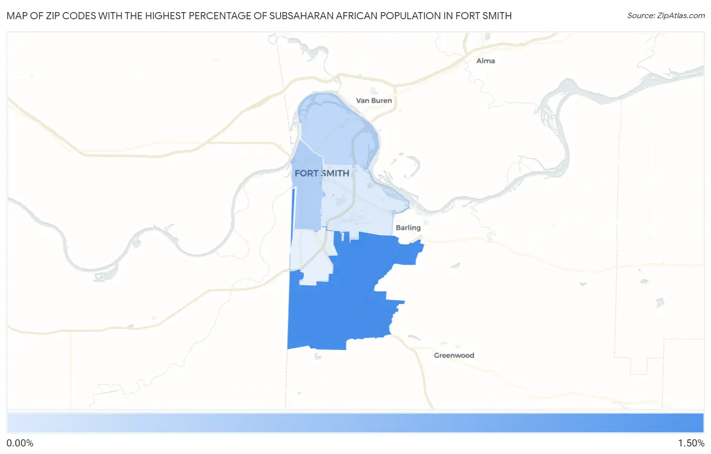 Zip Codes with the Highest Percentage of Subsaharan African Population in Fort Smith Map