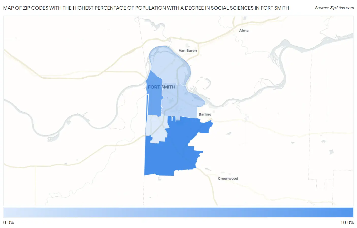 Zip Codes with the Highest Percentage of Population with a Degree in Social Sciences in Fort Smith Map