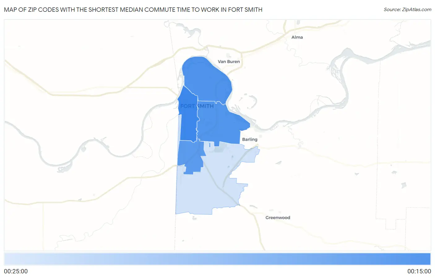 Zip Codes with the Shortest Median Commute Time to Work in Fort Smith Map