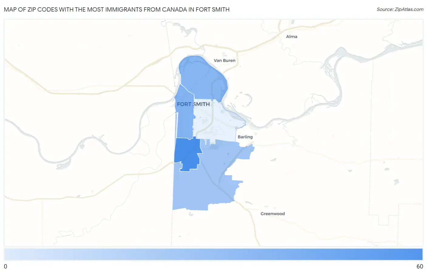 Zip Codes with the Most Immigrants from Canada in Fort Smith Map