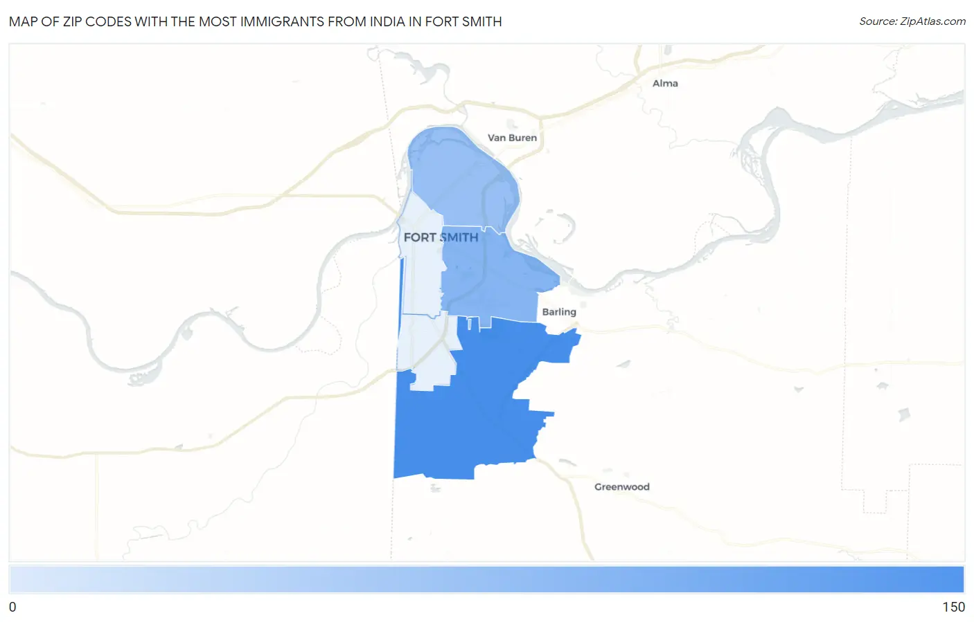 Zip Codes with the Most Immigrants from India in Fort Smith Map