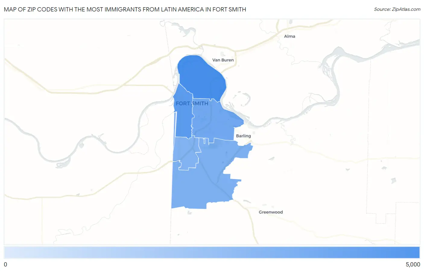 Zip Codes with the Most Immigrants from Latin America in Fort Smith Map