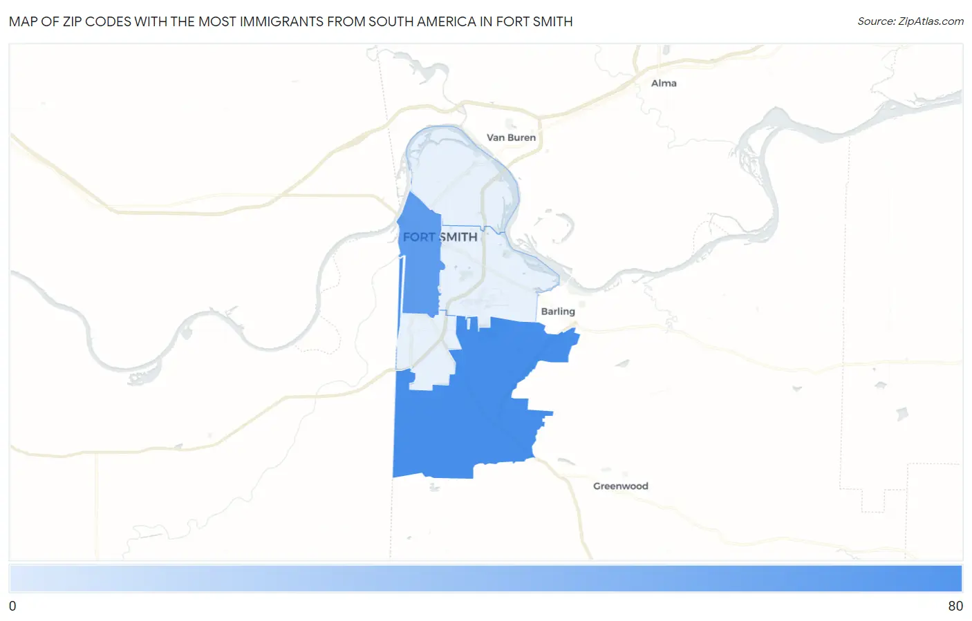 Zip Codes with the Most Immigrants from South America in Fort Smith Map