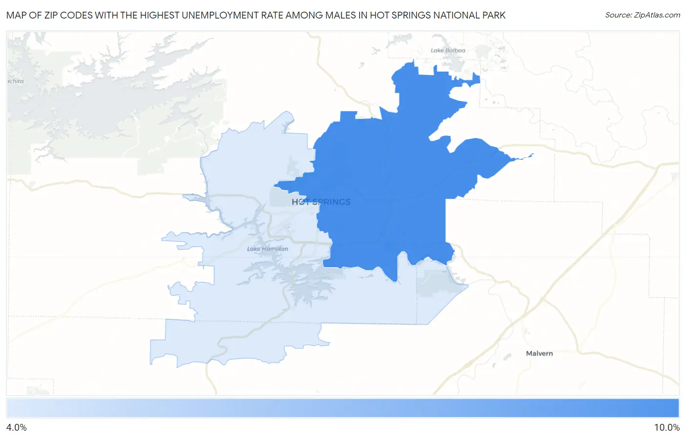 Zip Codes with the Highest Unemployment Rate Among Males in Hot Springs National Park Map