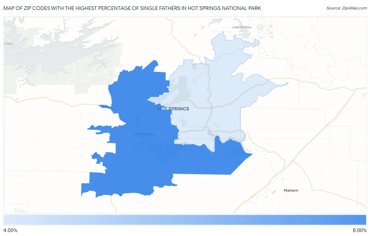 Zip Codes with the Highest Percentage of Single Fathers in Hot Springs National Park Map