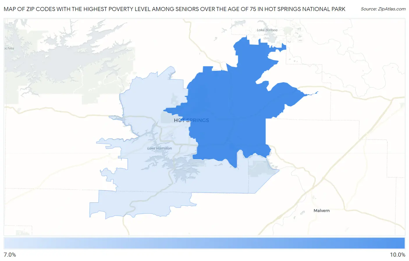 Zip Codes with the Highest Poverty Level Among Seniors Over the Age of 75 in Hot Springs National Park Map