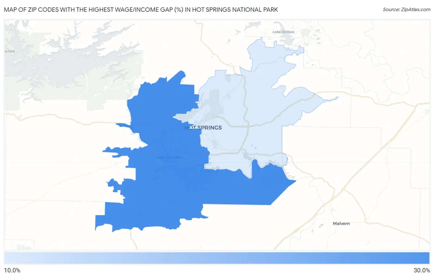 Zip Codes with the Highest Wage/Income Gap (%) in Hot Springs National Park Map