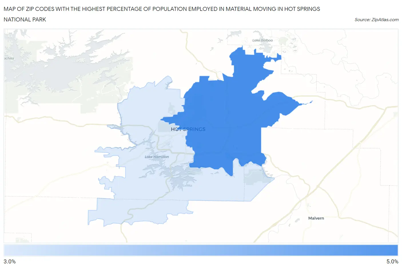 Zip Codes with the Highest Percentage of Population Employed in Material Moving in Hot Springs National Park Map