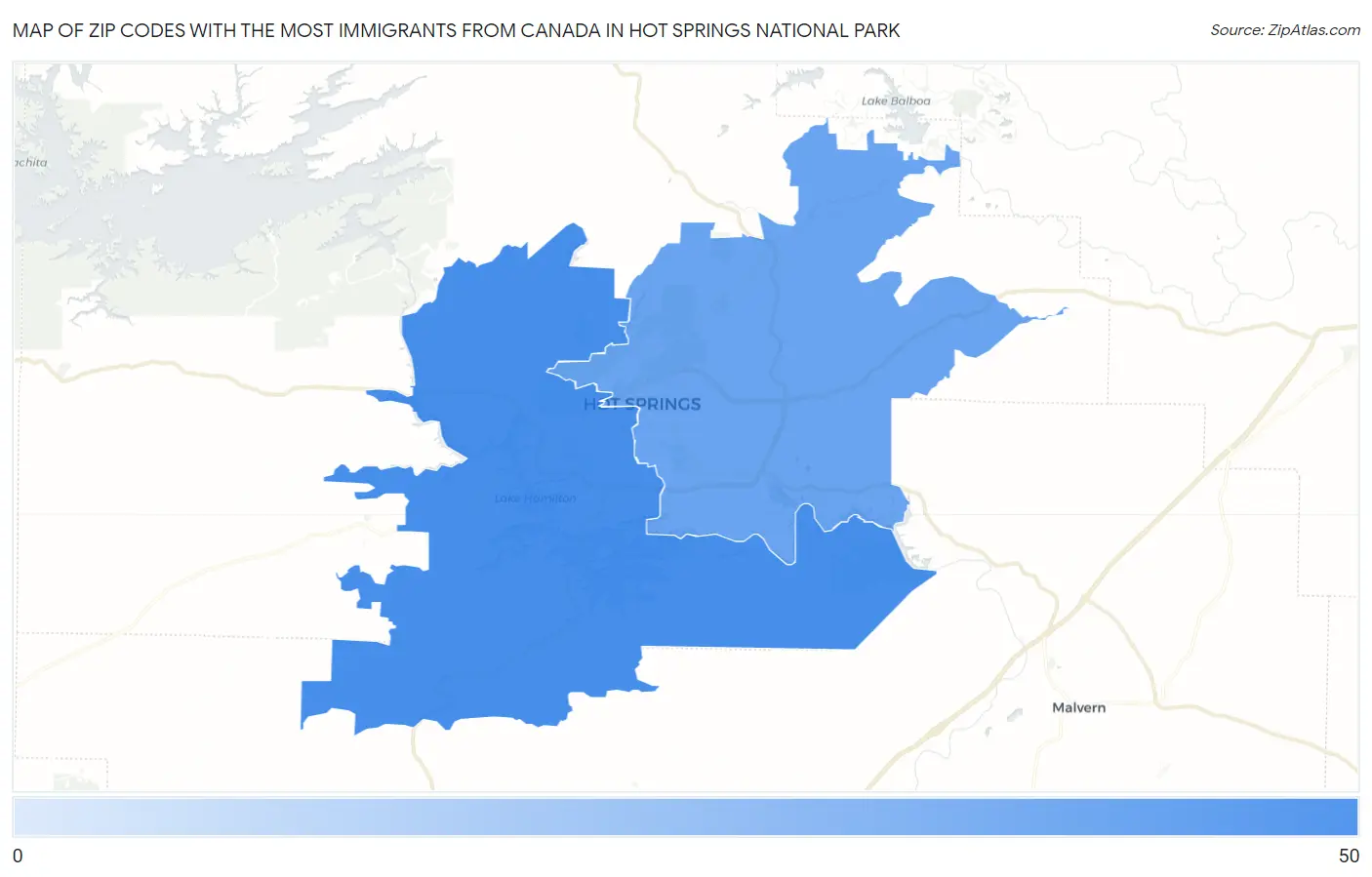 Zip Codes with the Most Immigrants from Canada in Hot Springs National Park Map