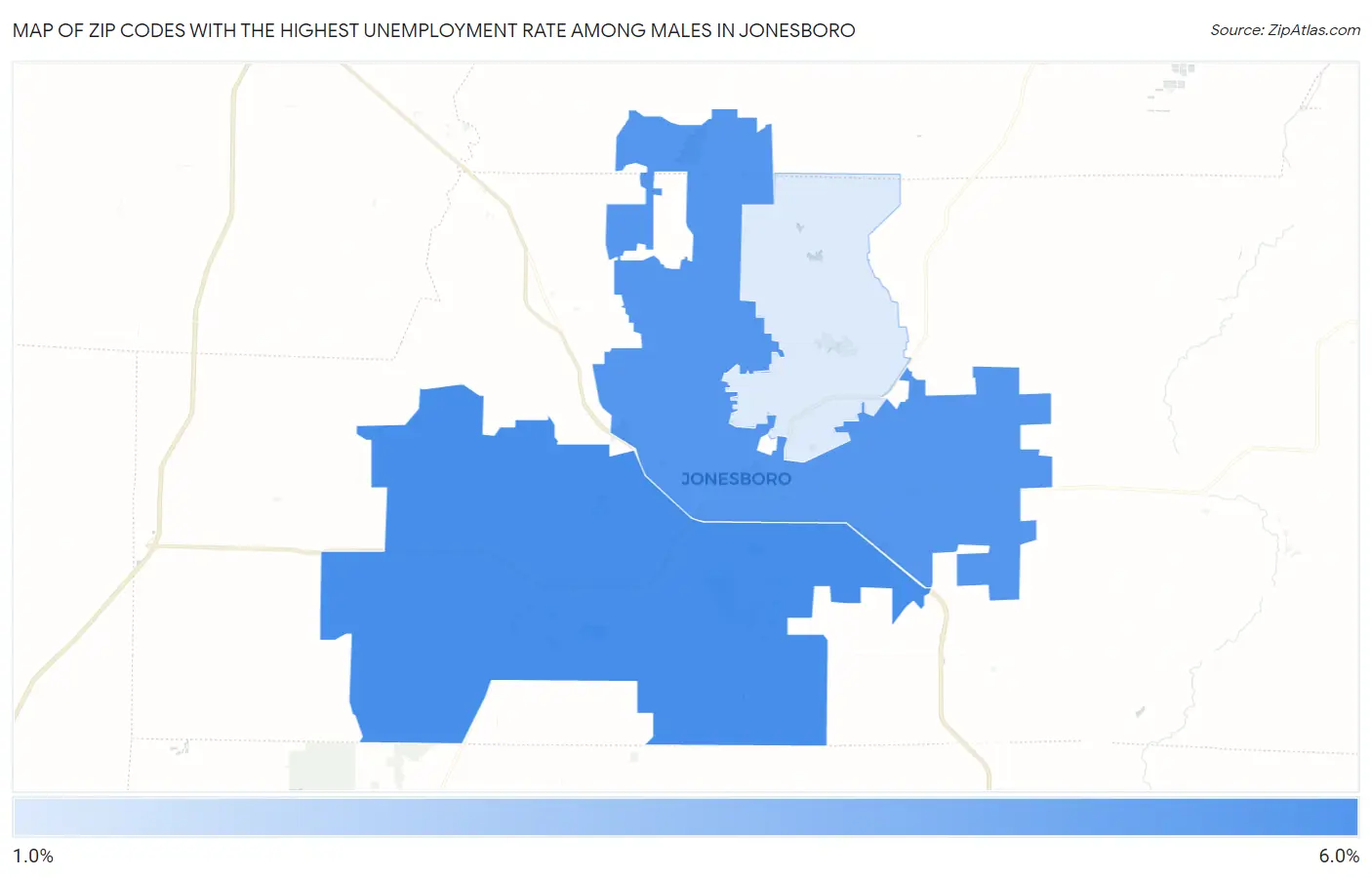 Zip Codes with the Highest Unemployment Rate Among Males in Jonesboro Map