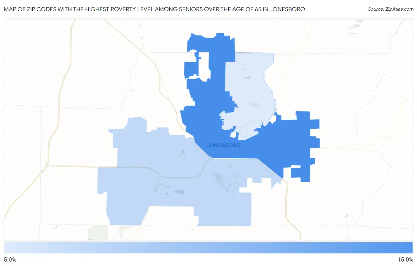 Zip Codes with the Highest Poverty Level Among Seniors Over the Age of 65 in Jonesboro Map
