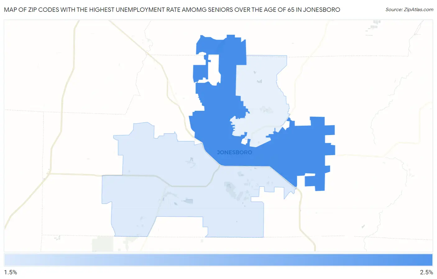 Zip Codes with the Highest Unemployment Rate Amomg Seniors Over the Age of 65 in Jonesboro Map