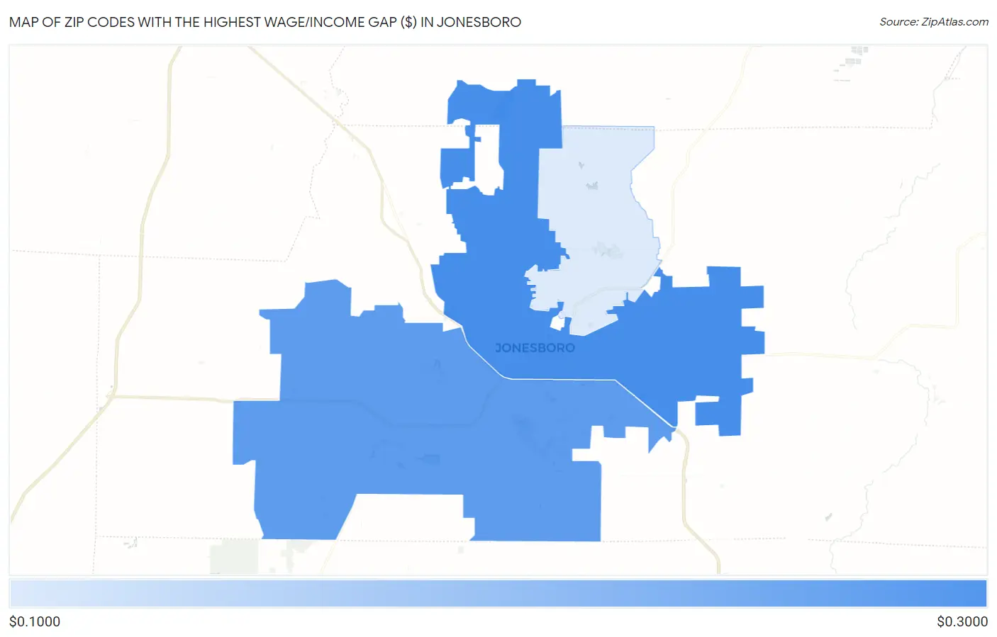 Zip Codes with the Highest Wage/Income Gap ($) in Jonesboro Map