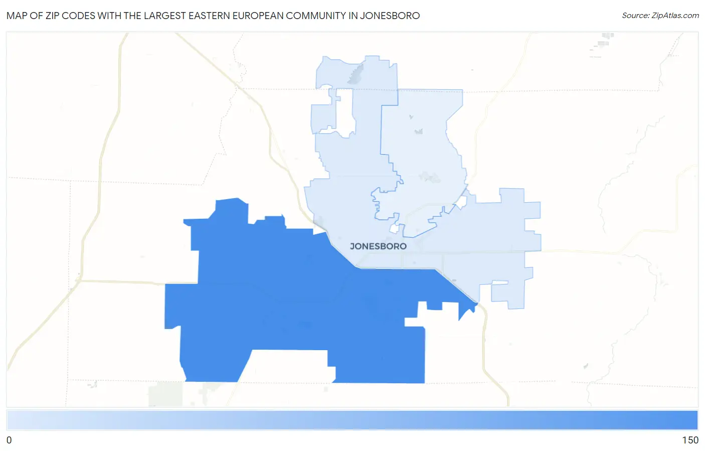Zip Codes with the Largest Eastern European Community in Jonesboro Map