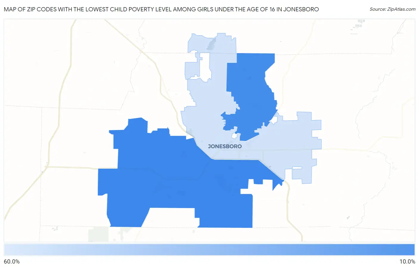 Zip Codes with the Lowest Child Poverty Level Among Girls Under the Age of 16 in Jonesboro Map