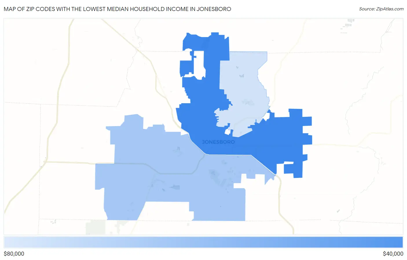 Zip Codes with the Lowest Median Household Income in Jonesboro Map