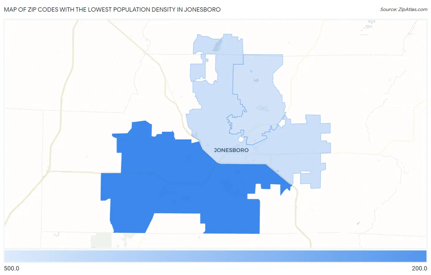 Zip Codes with the Lowest Population Density in Jonesboro Map