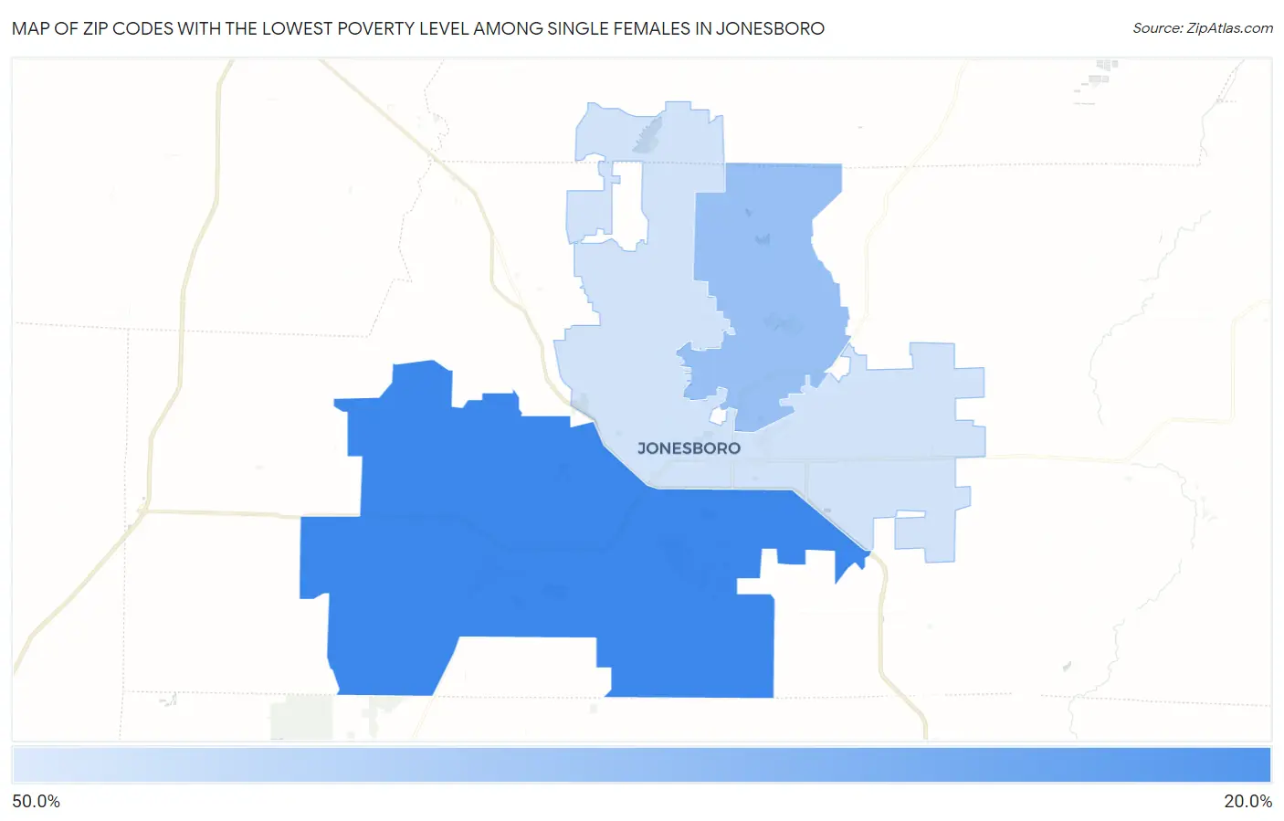 Zip Codes with the Lowest Poverty Level Among Single Females in Jonesboro Map