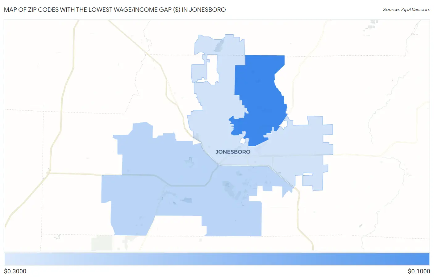Zip Codes with the Lowest Wage/Income Gap ($) in Jonesboro Map